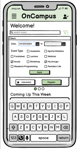 Filter feature of OnCampus App wireframe